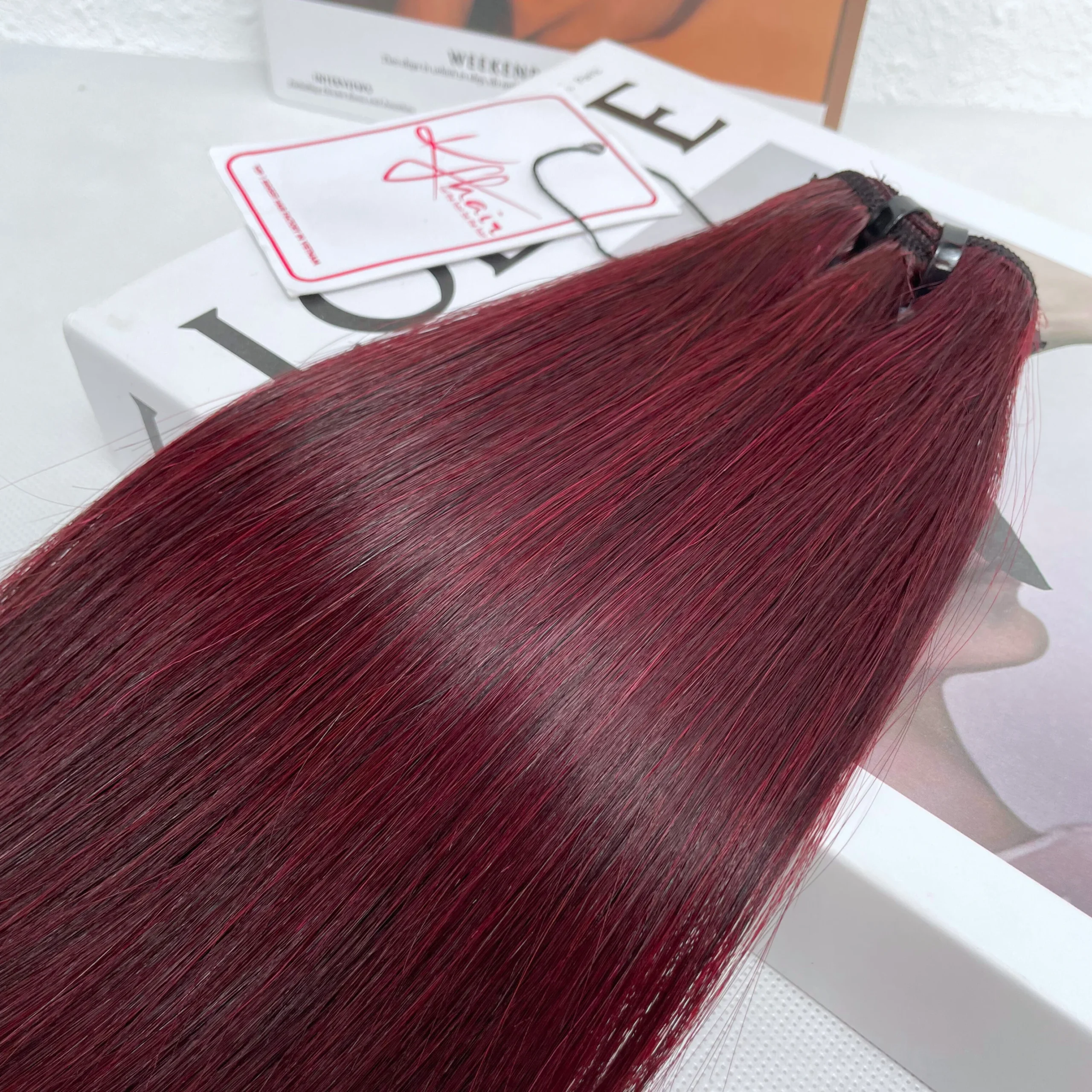 Burgundy Color Bone Straight Remy Human Hair Weft KF05