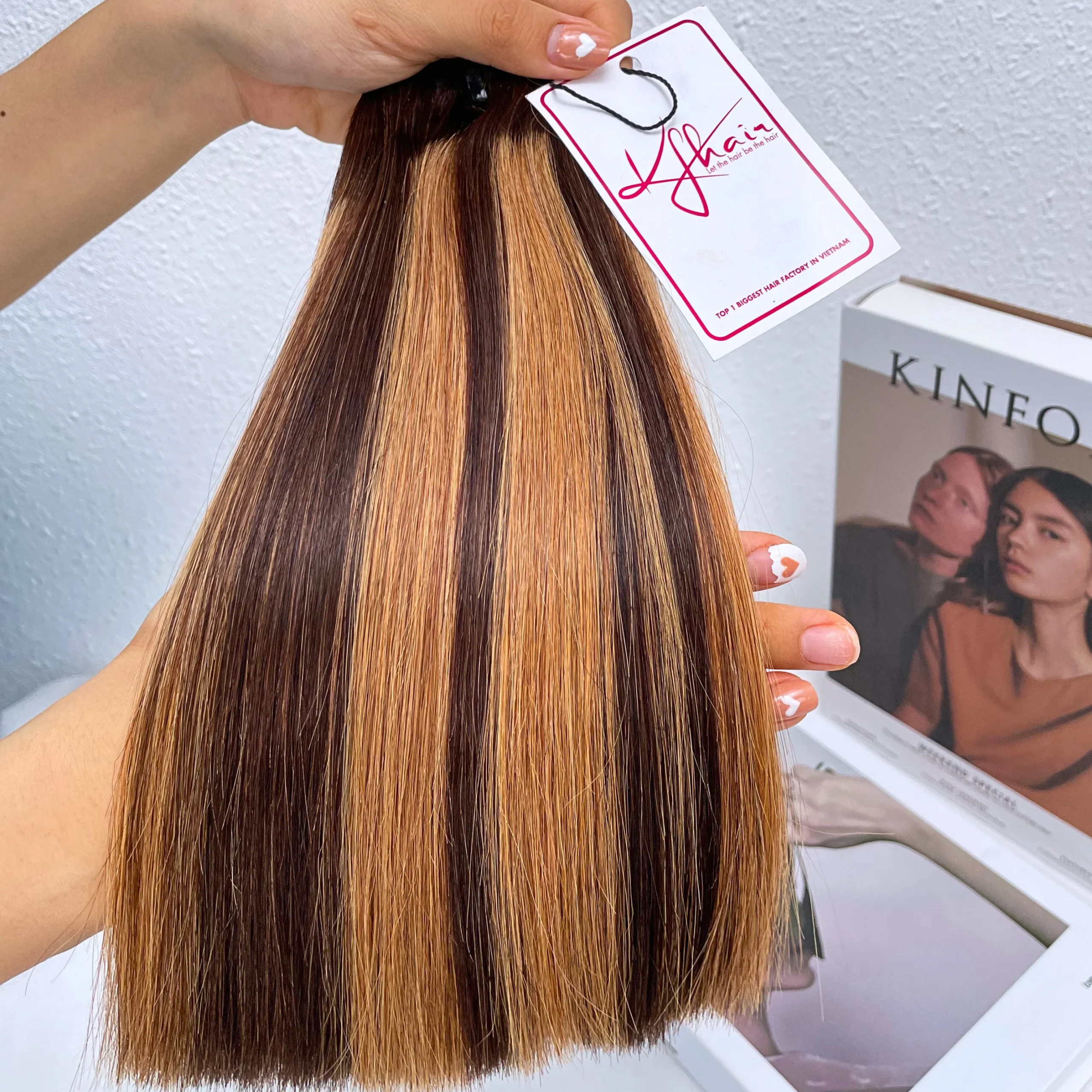 Brown Highlight Piano Color Bone Straight Remy Human Hair Weft KF19 - Image 2