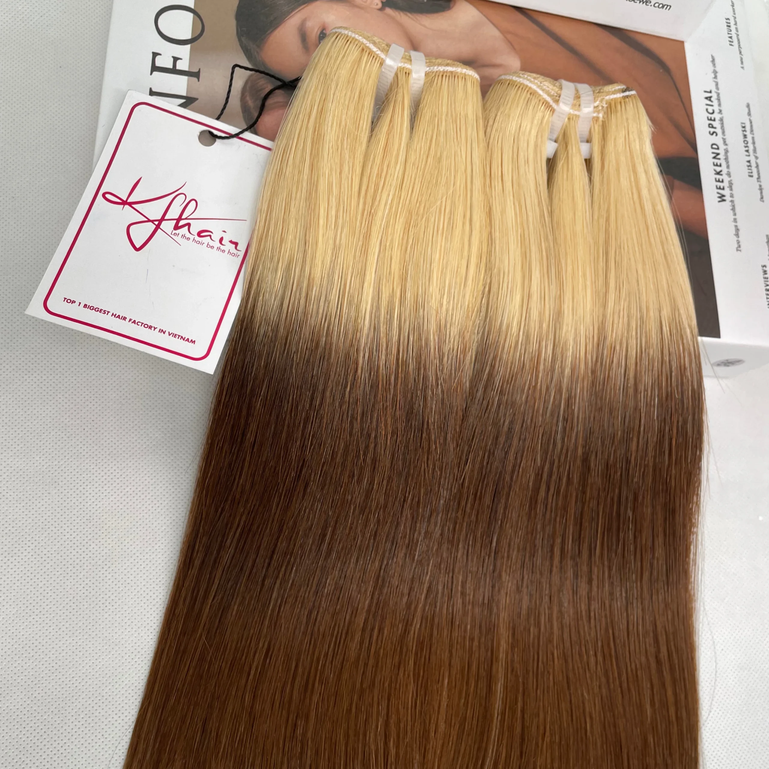 Ombre Gold Brown Color Bone Straight Remy Human Hair Weft KF28 - Image 3