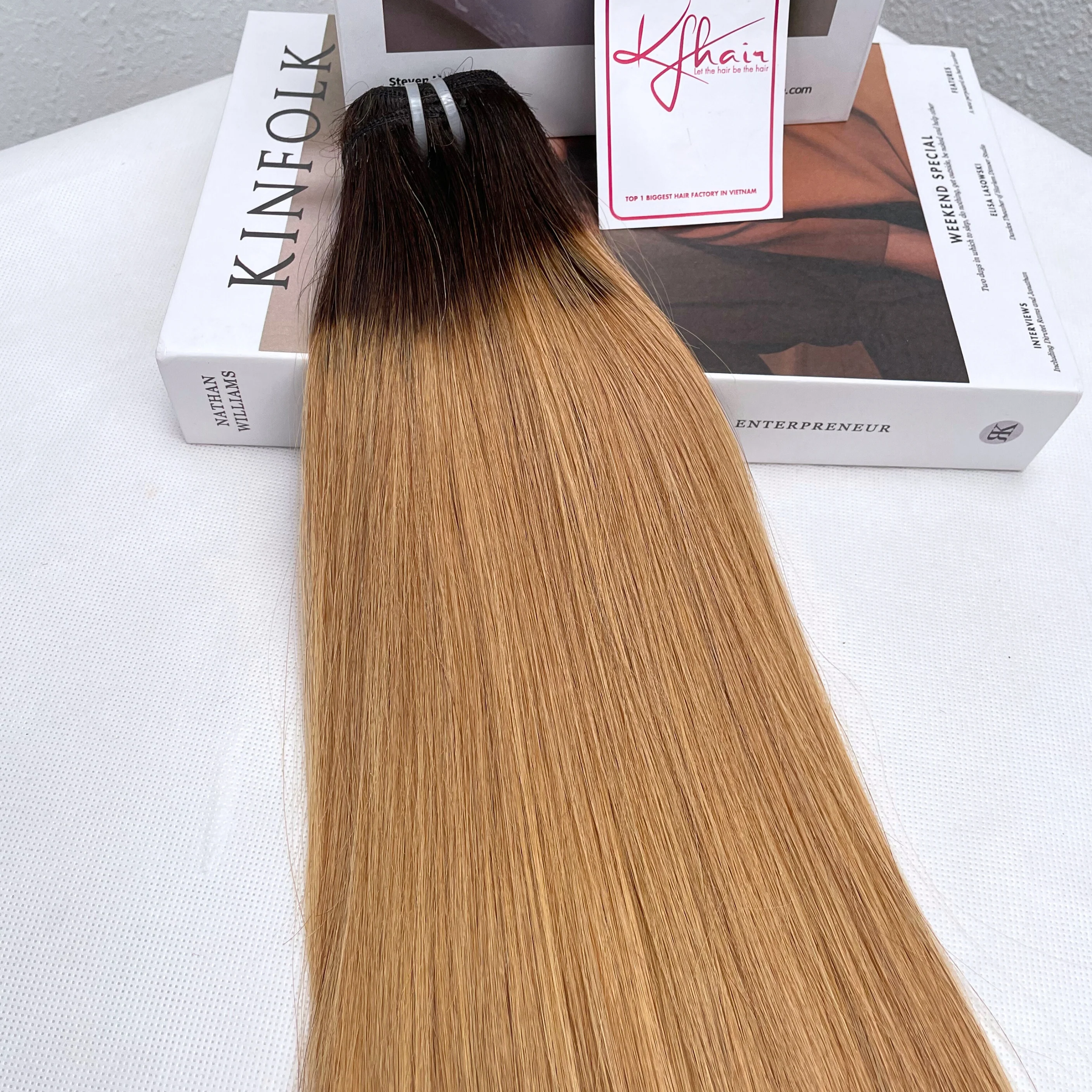Ombre Brown Gold Color Bone Straight Remy Human Hair Weft KF29 - Image 3