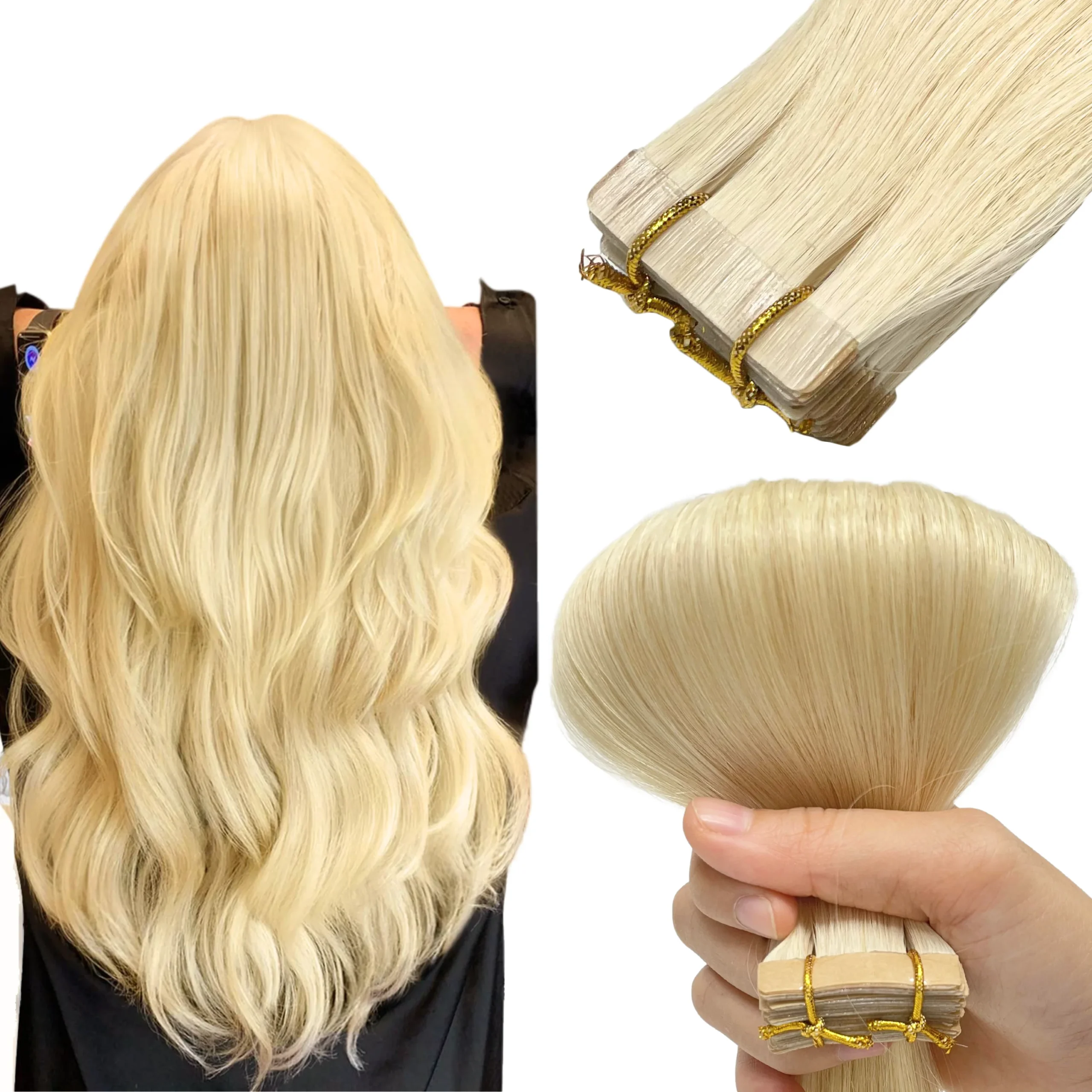 #60 Platinum Blonde Color Straight Normal Tape In Hair Extensions - Image 3