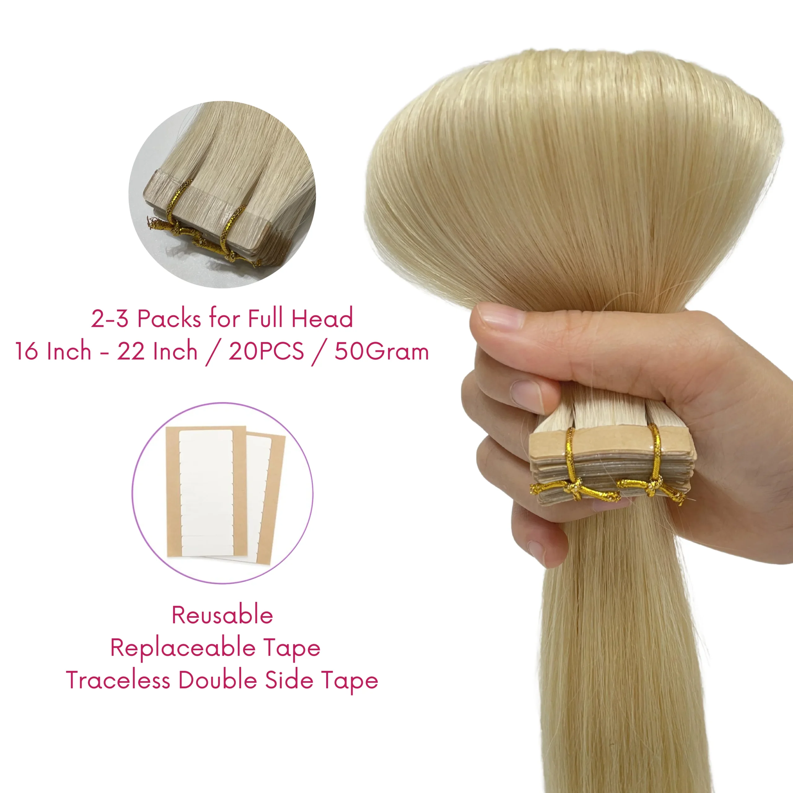#60 Platinum Blonde Color Straight Normal Tape In Hair Extensions - Image 4