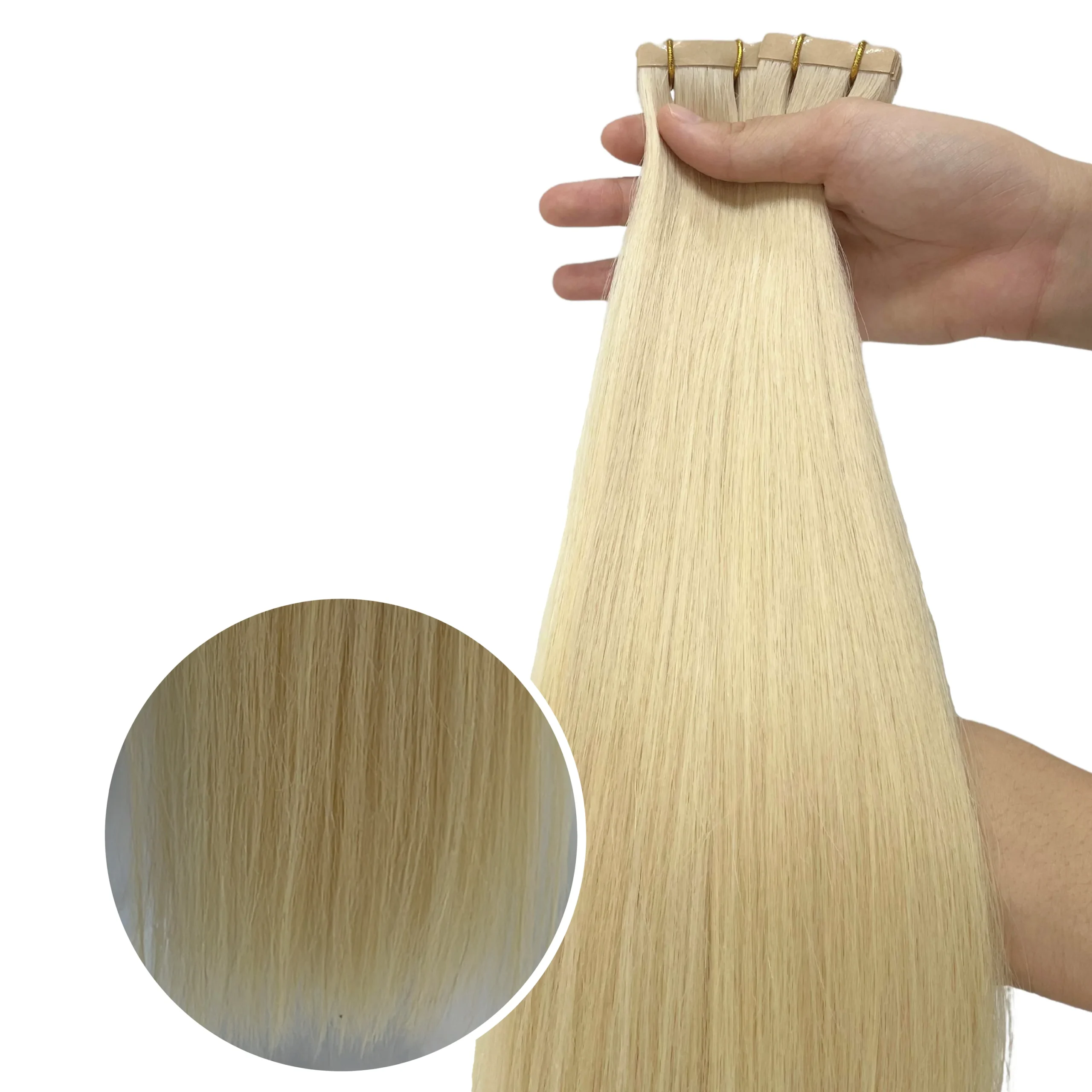 #60 Platinum Blonde Color Straight Normal Tape In Hair Extensions - Image 5