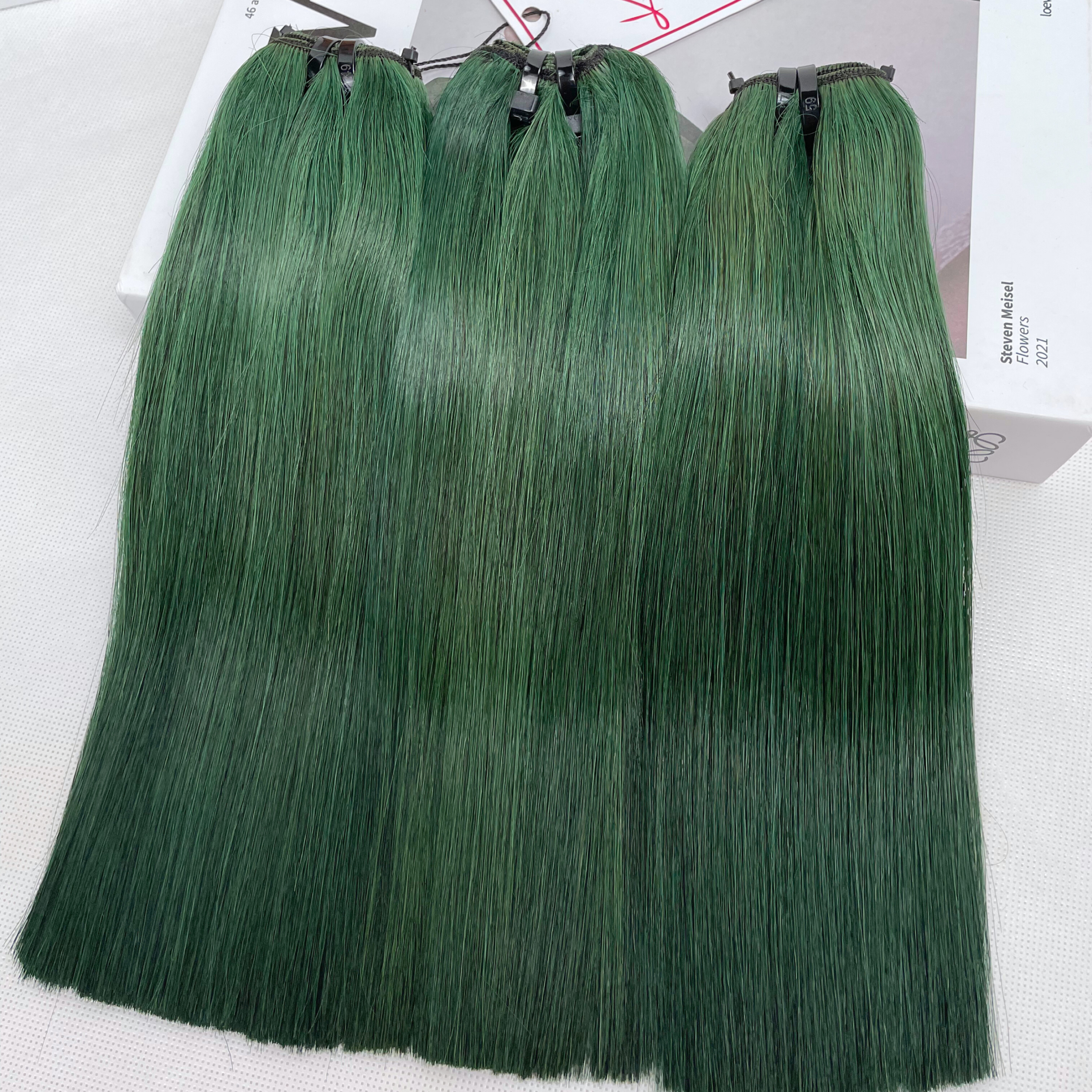 Green Color Bone Straight Remy Human Hair Weft KF10 - Image 2
