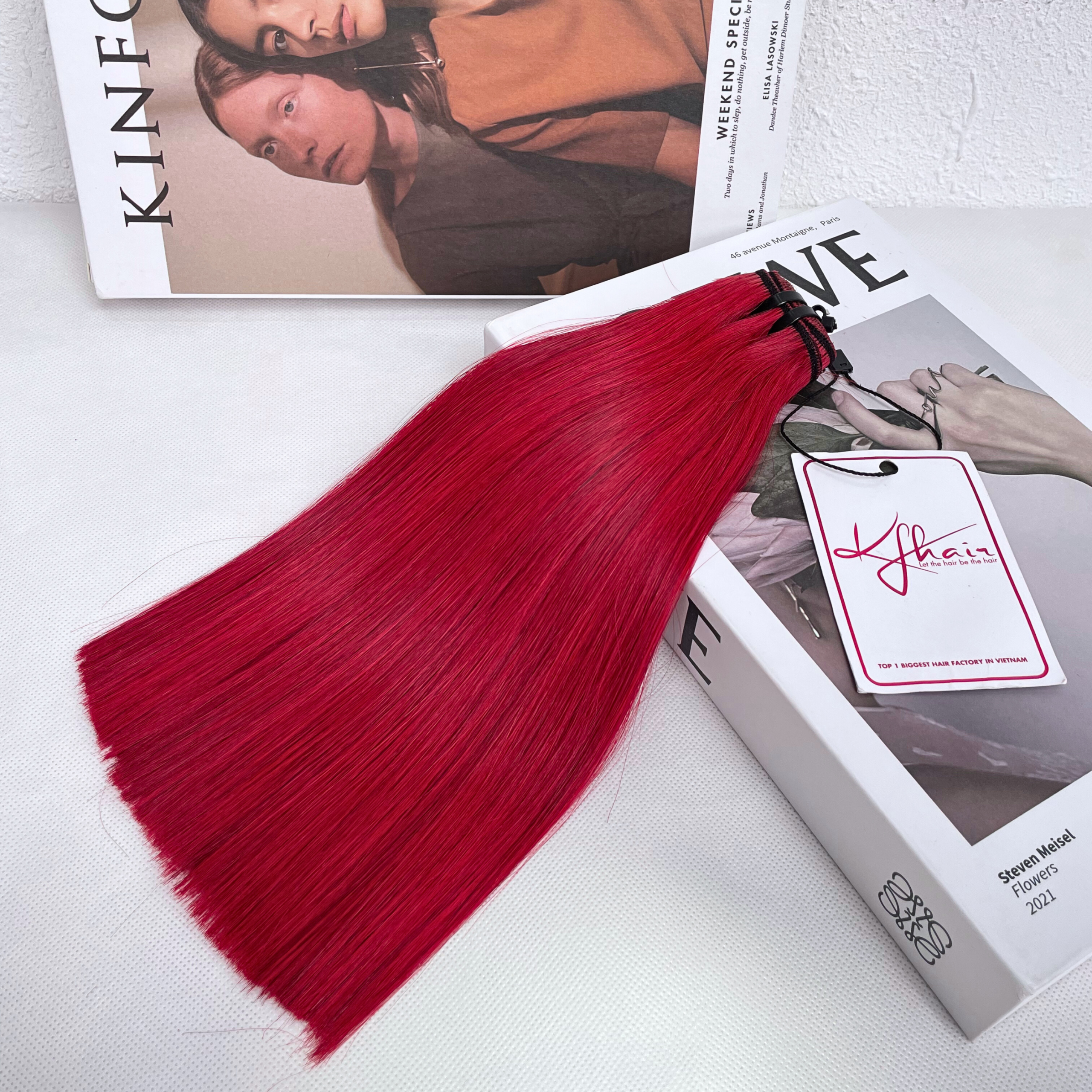 Red Color Bone Straight Remy Human Hair Weft KF08 - Image 2