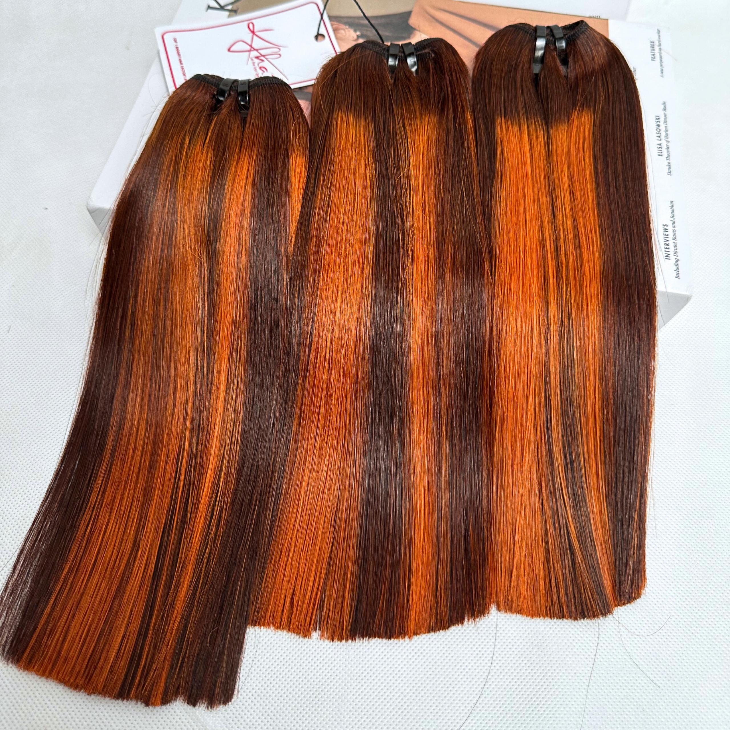 Highlight Orange Brown Color Bone Straight Remy Human Hair Weft KF35 - Image 2
