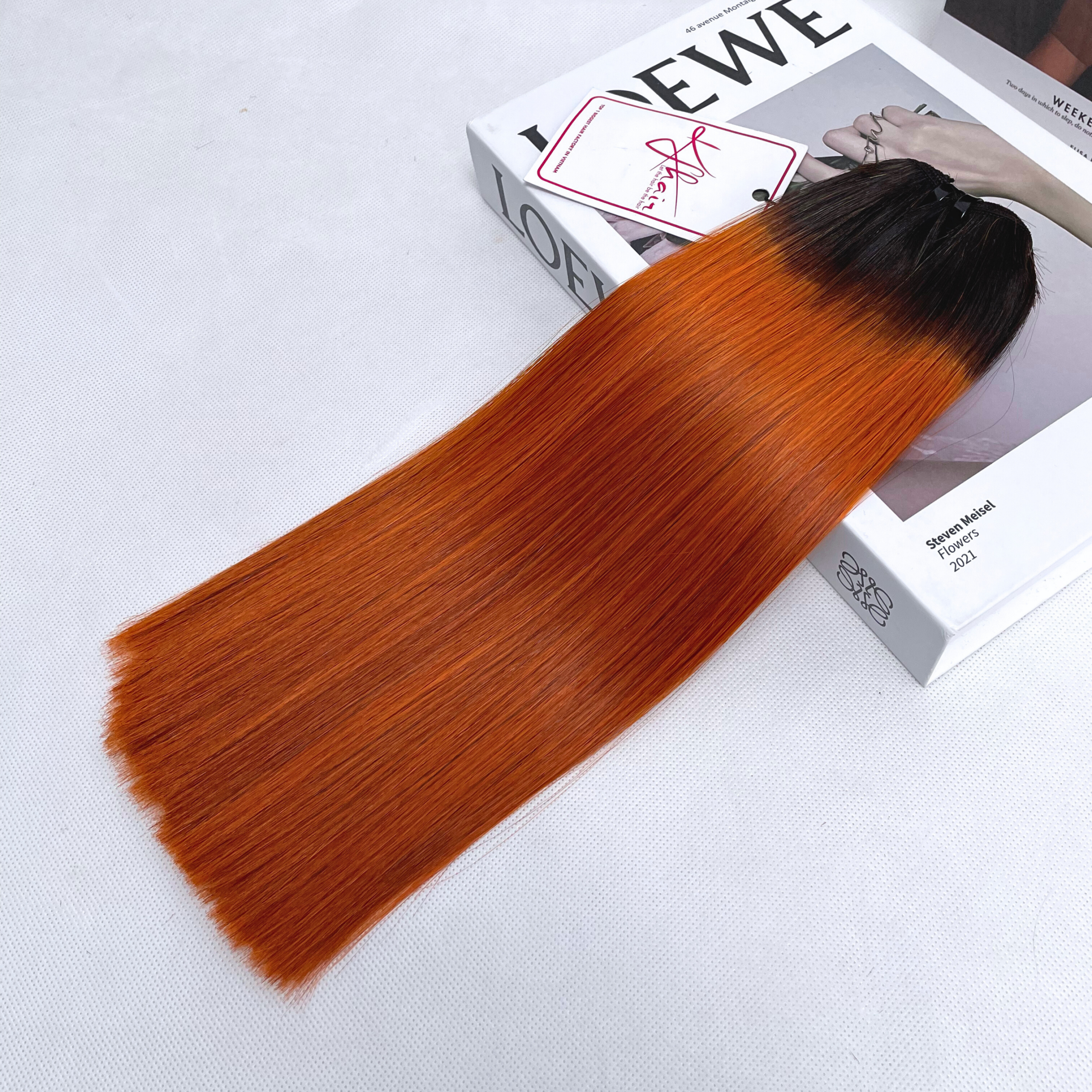 Ombre Dark Orange Color Bone Straight Remy Human Hair Weft KF14 - Image 2