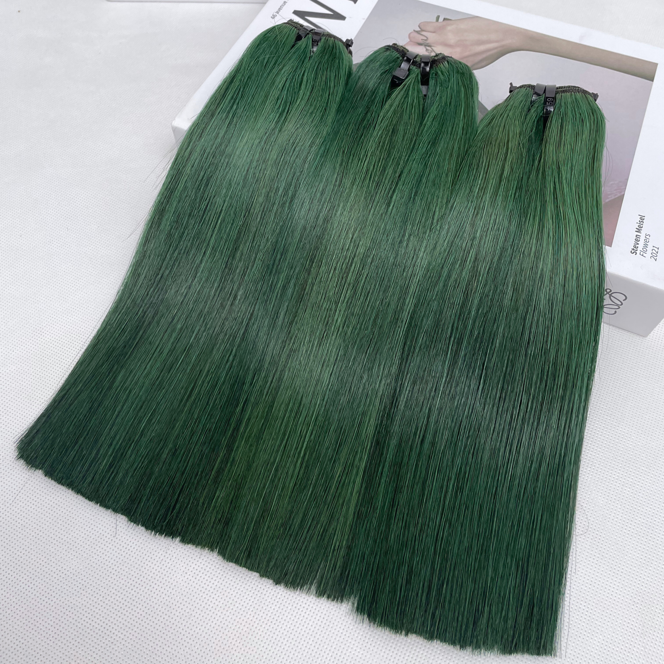 Green Color Bone Straight Remy Human Hair Weft KF10 - Image 3