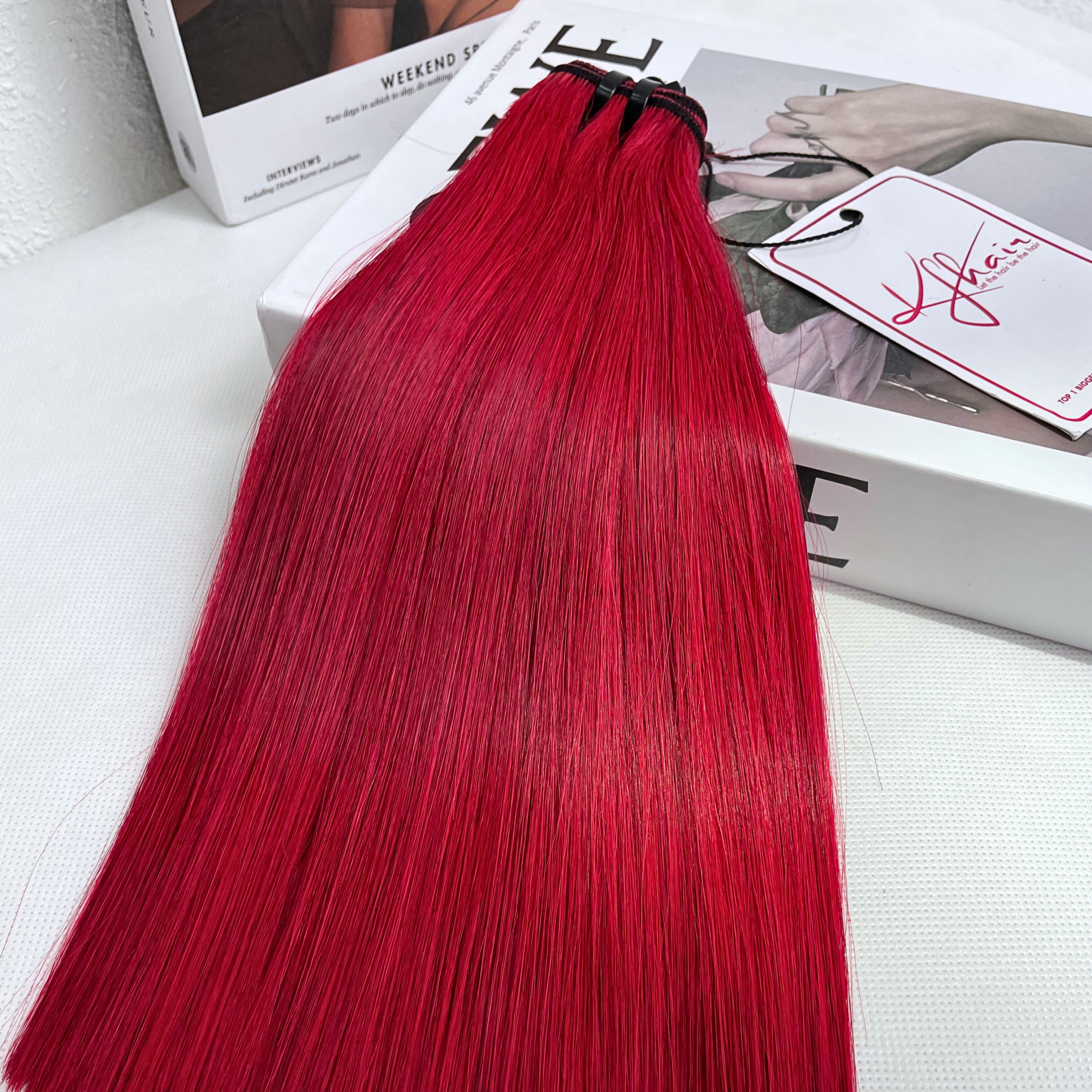 Red Color Bone Straight Remy Human Hair Weft KF08