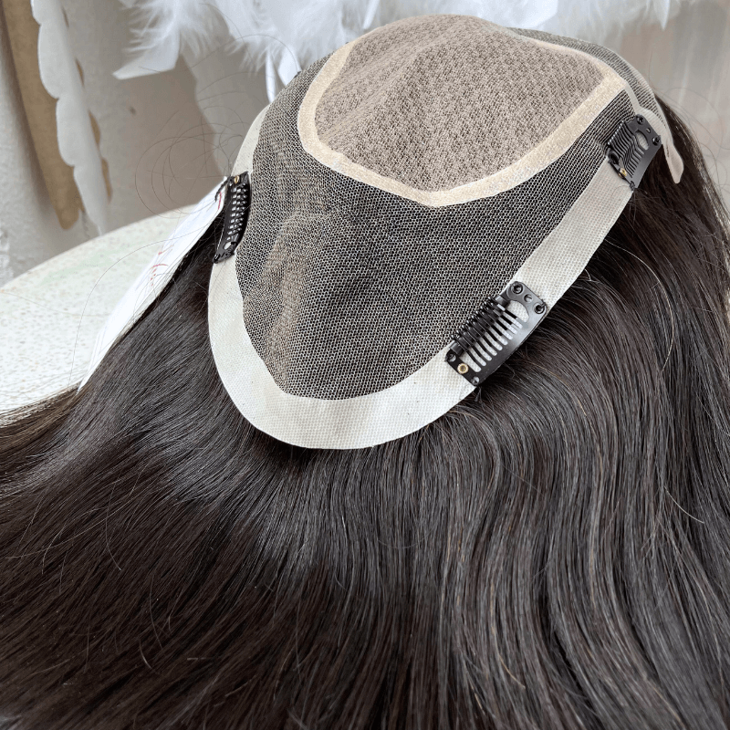 6x8 Inches Lace And 4x4 Inches Silk With PU Coated #1B Color Hair Topper - Imagen 3