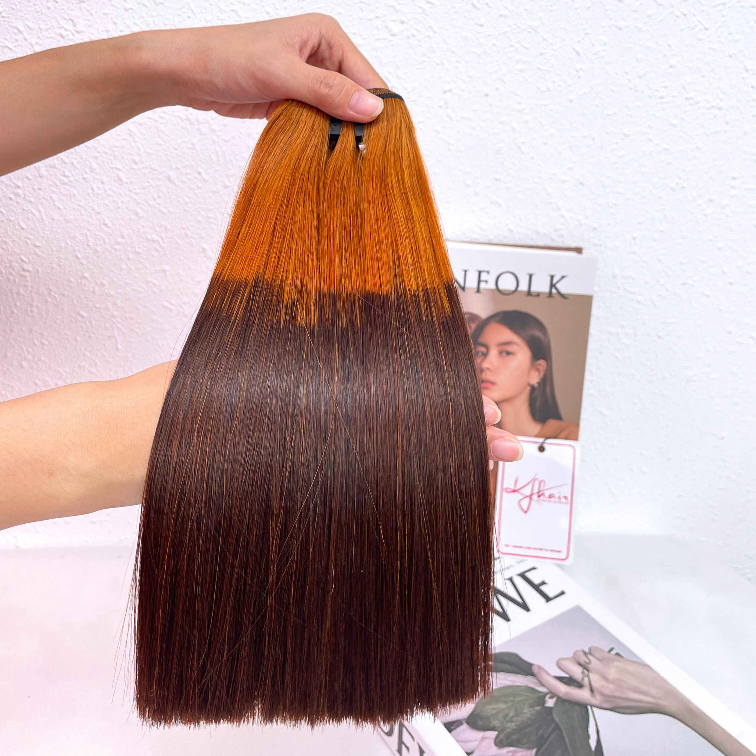 Ombre Orange Brown Color Bone Straight Remy Human Hair Weft KF15 - Image 2