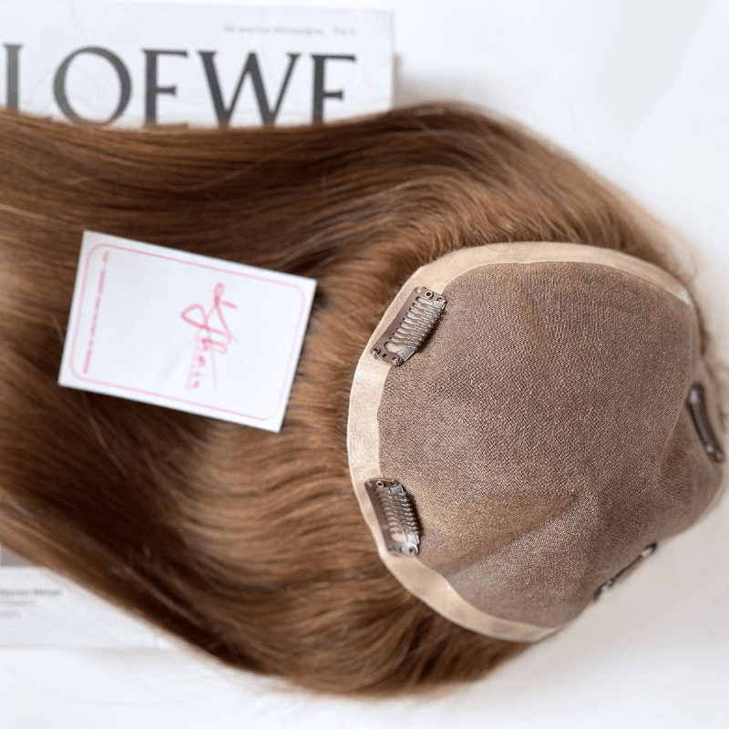 7x7 Inches Mono Bleach A Knot With PU Clear #6 Color Hair Topper - Image 3