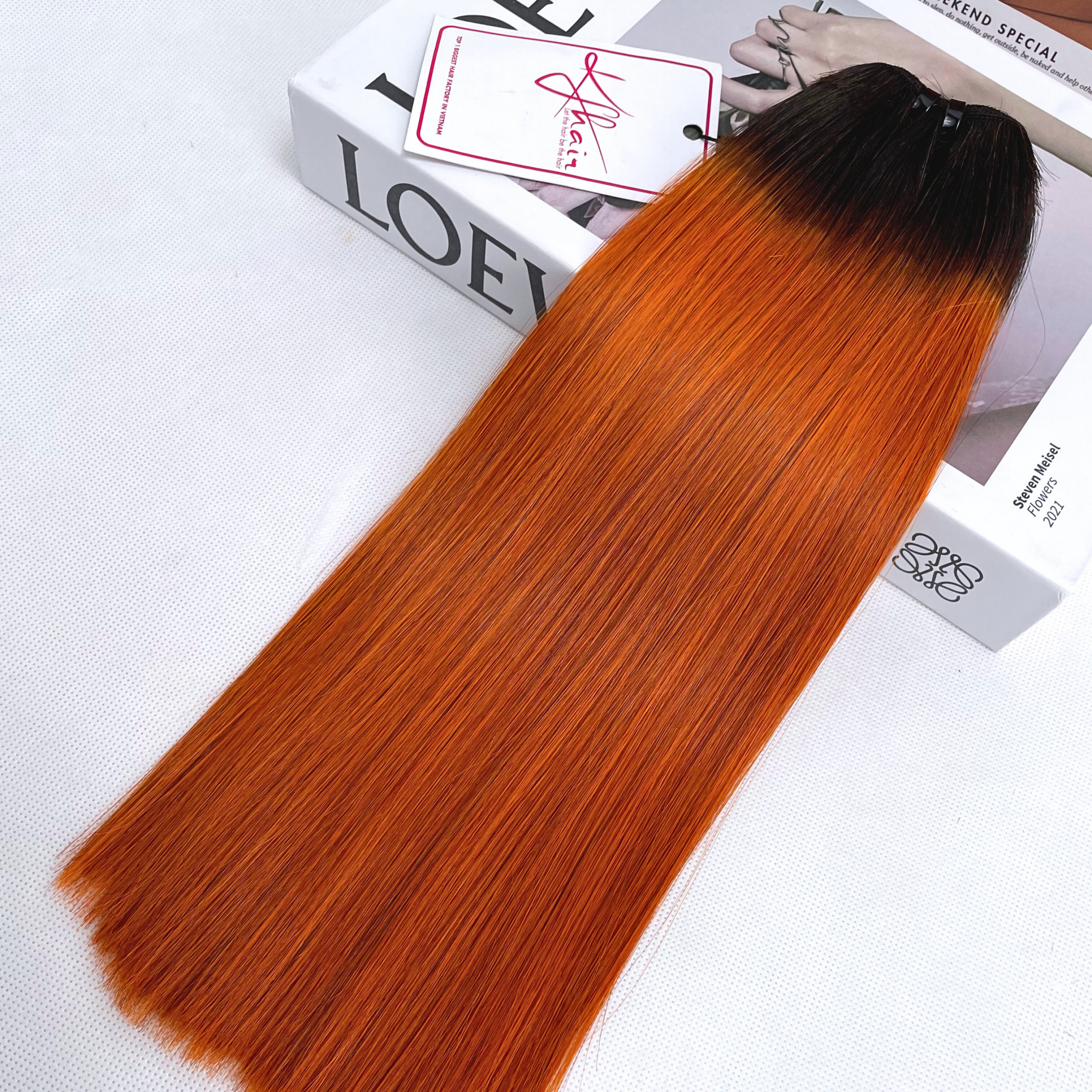 Ombre Dark Orange Color Bone Straight Remy Human Hair Weft KF14 - Image 3