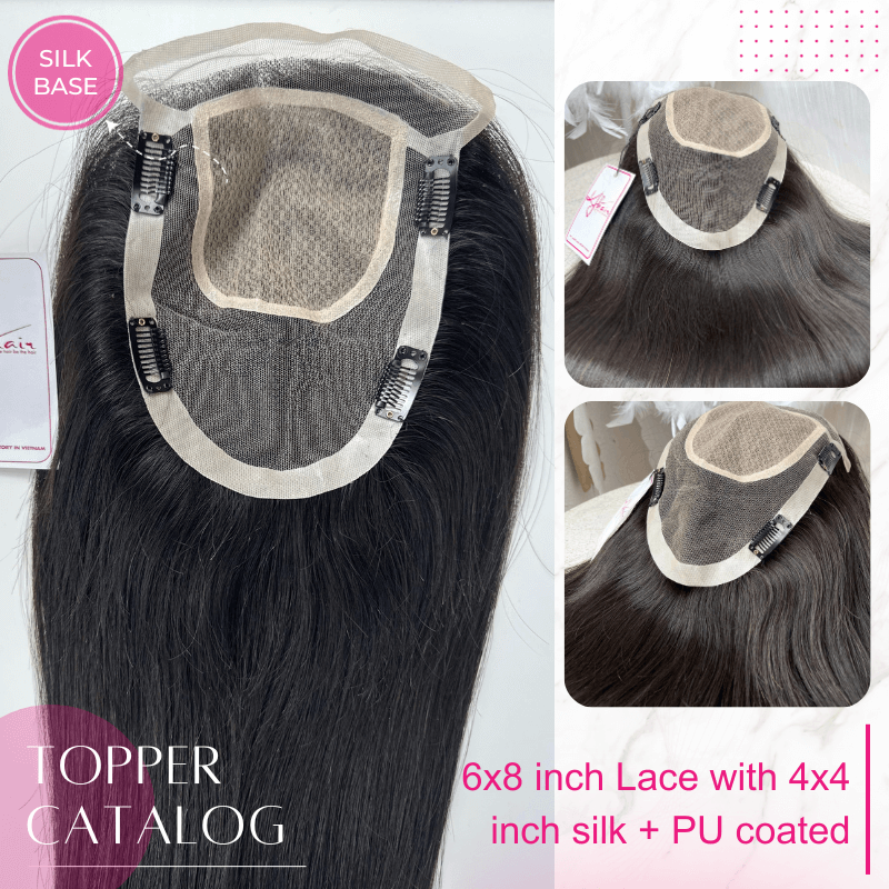 6x8 Inches Lace And 4x4 Inches Silk With PU Coated #1B Color Hair Topper - Imagen 5