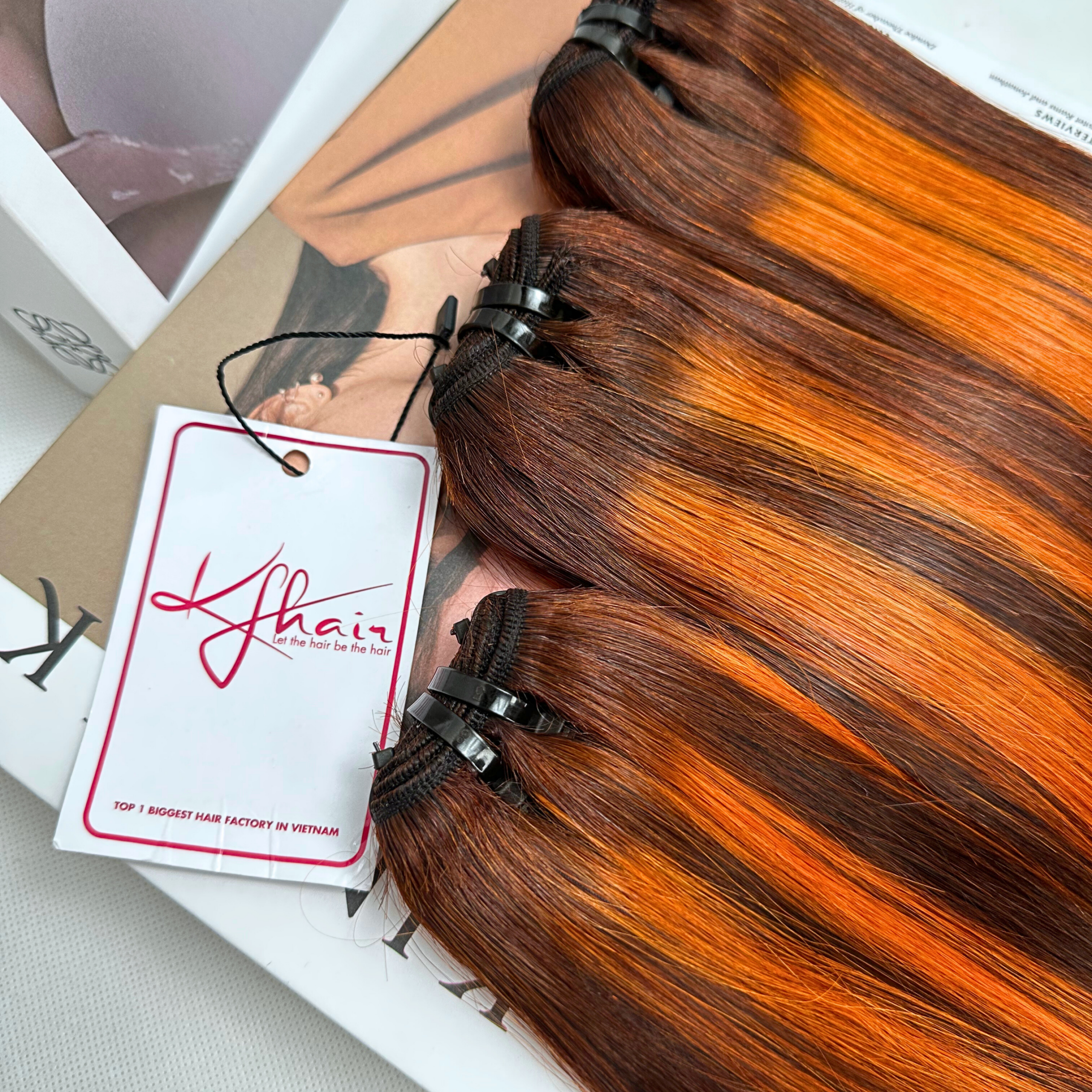Highlight Orange Brown Color Bone Straight Remy Human Hair Weft KF35 - Image 5