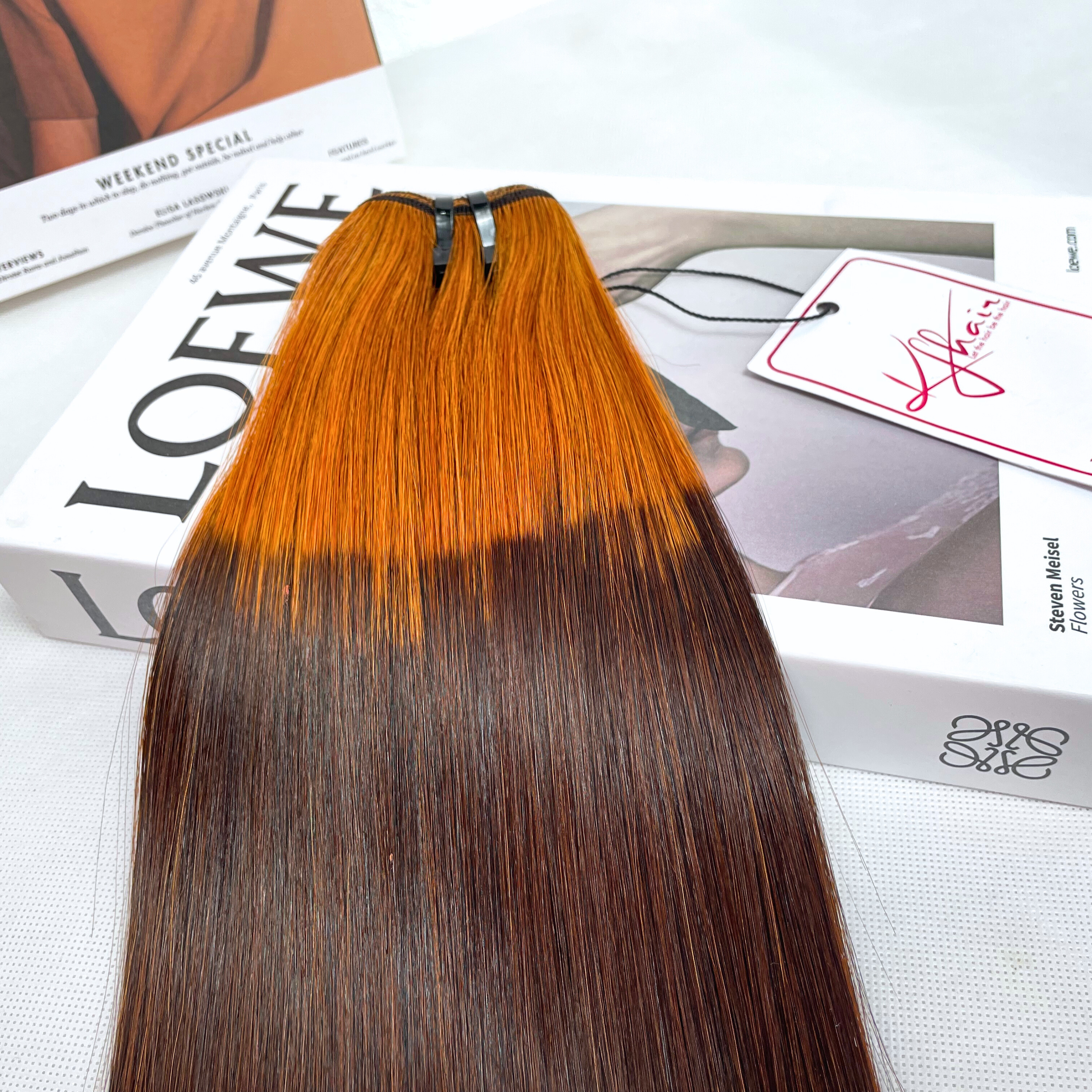 Ombre Orange Brown Color Bone Straight Remy Human Hair Weft KF15 - Image 4