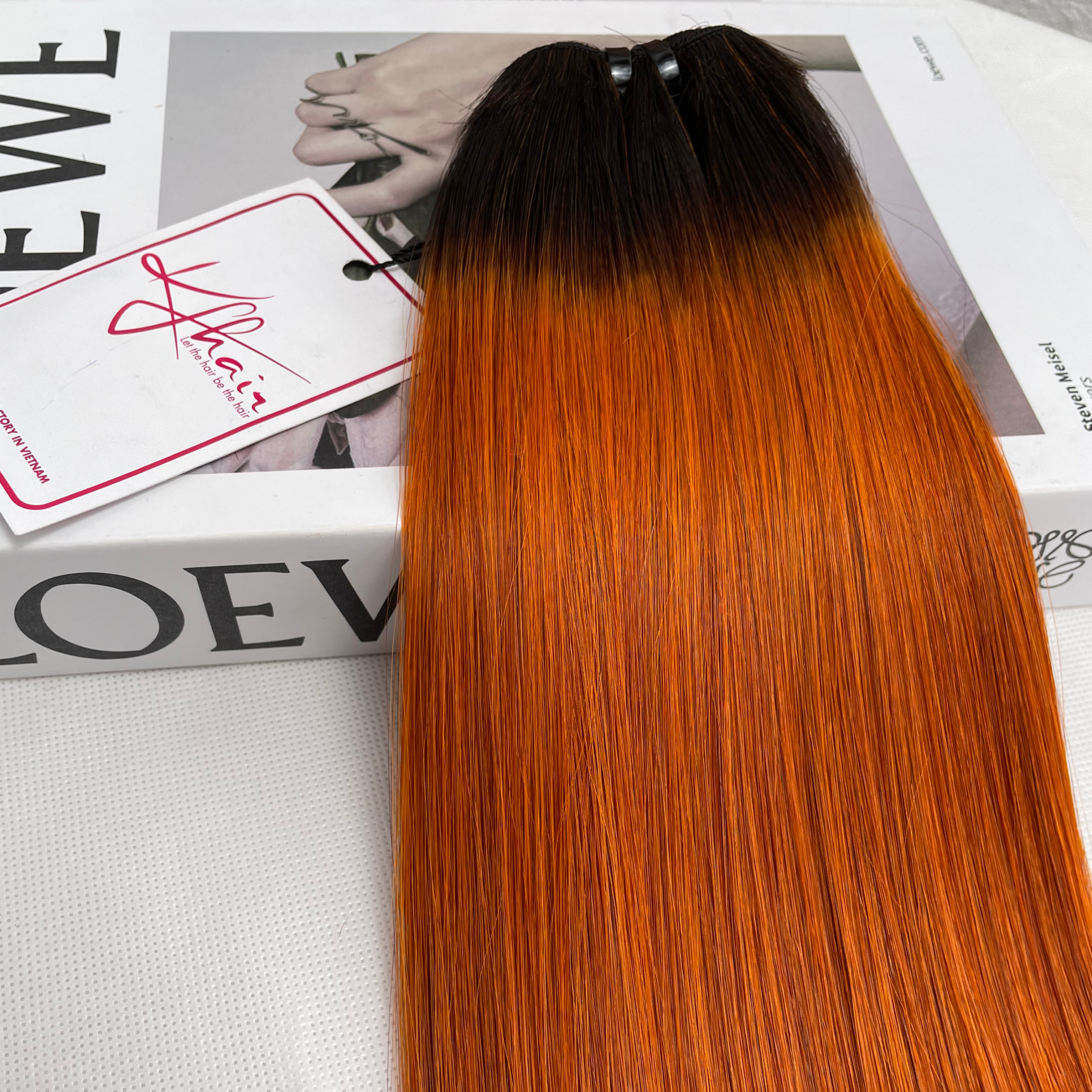 Ombre Dark Orange Color Bone Straight Remy Human Hair Weft KF14 - Image 5