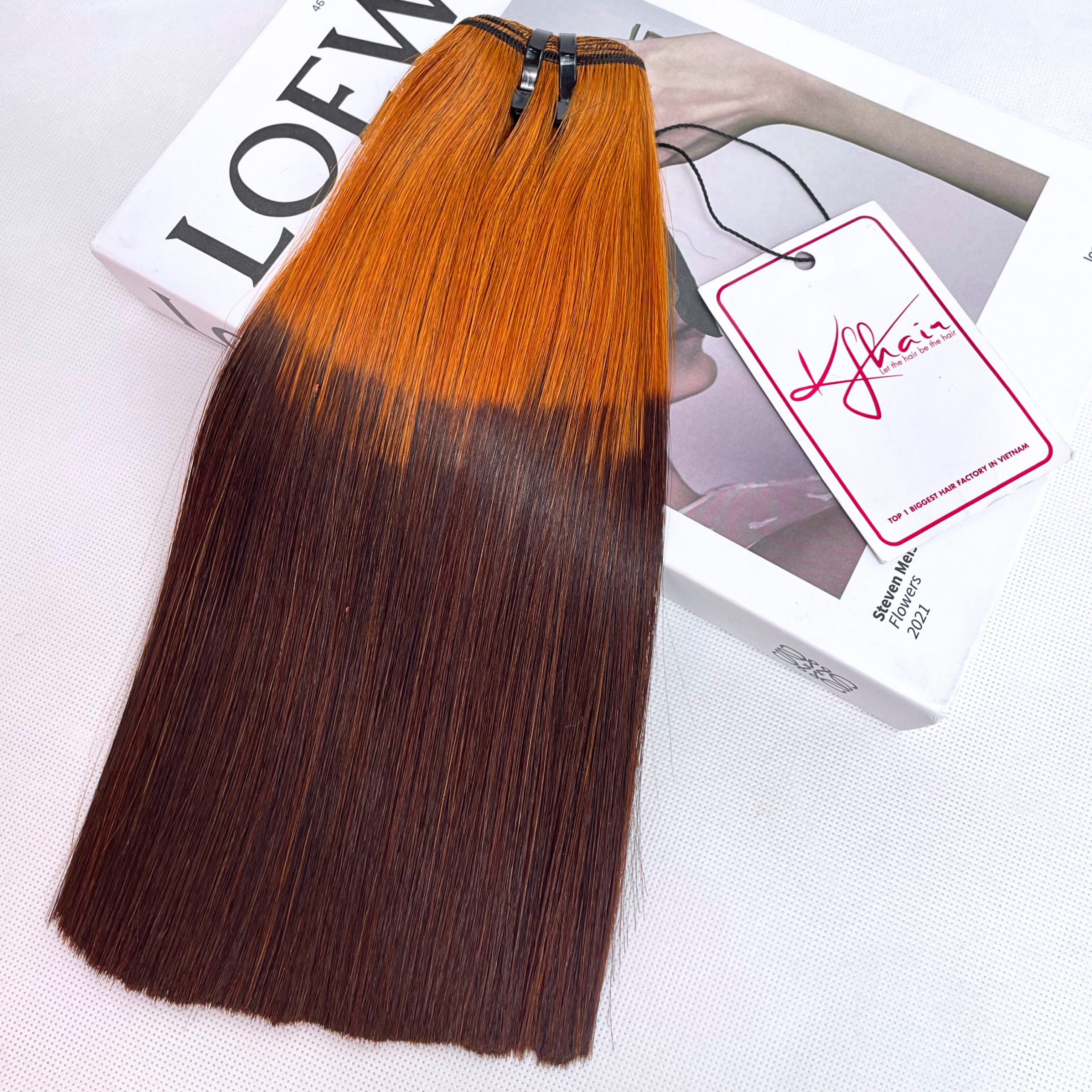 Ombre Orange Brown Color Bone Straight Remy Human Hair Weft KF15