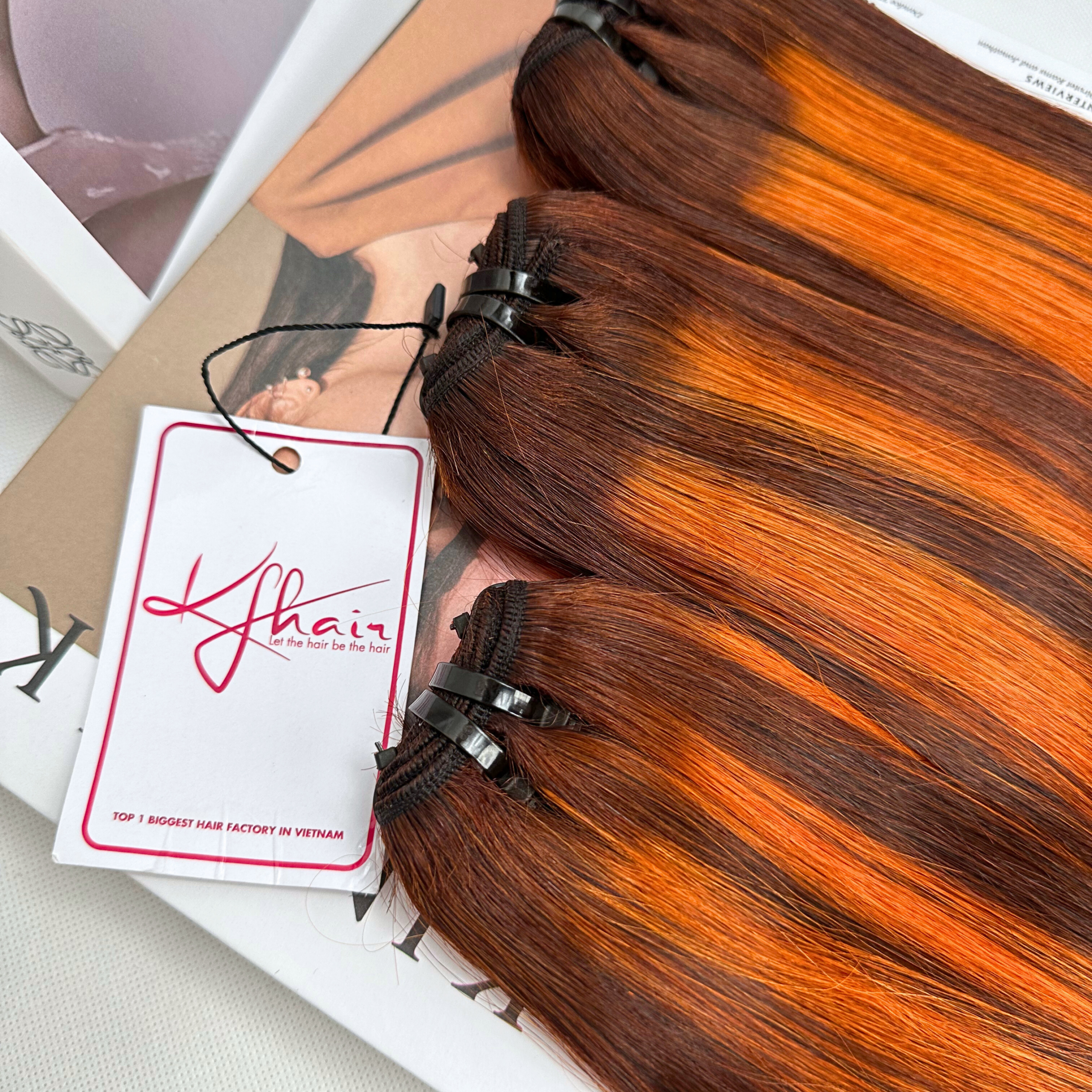Highlight Orange Brown Color Bone Straight Remy Human Hair Weft KF35 - Image 7
