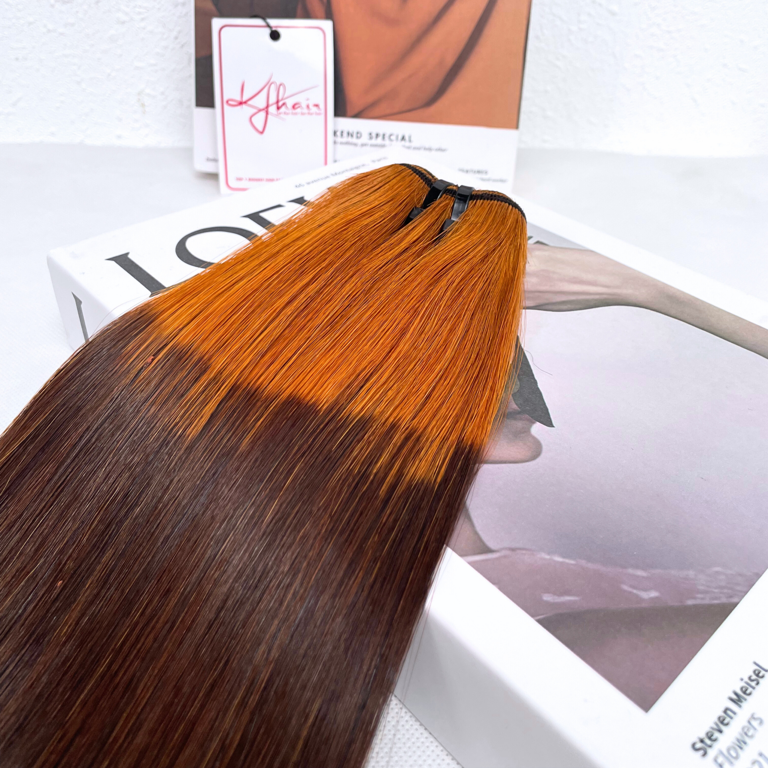 Ombre Orange Brown Color Bone Straight Remy Human Hair Weft KF15 - Image 7