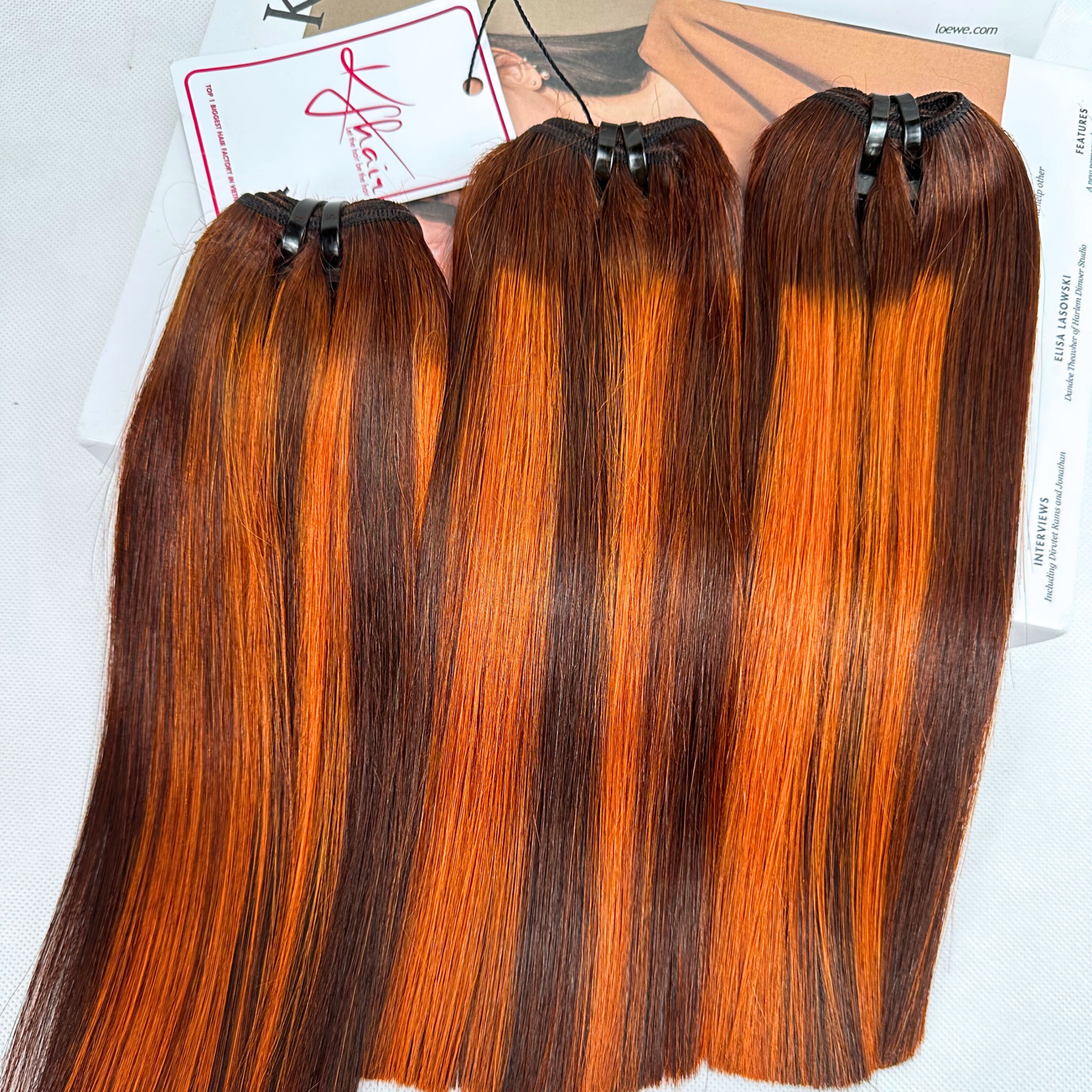 Highlight Orange Brown Color Bone Straight Remy Human Hair Weft KF35